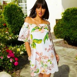 Ny & CO off the shoulder beautiful floral embroidered Eyelet white dress M